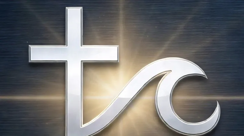 Cross Wave Ministries logo symbol: a silver cross flowing into a wave, with a gold waveform running through it